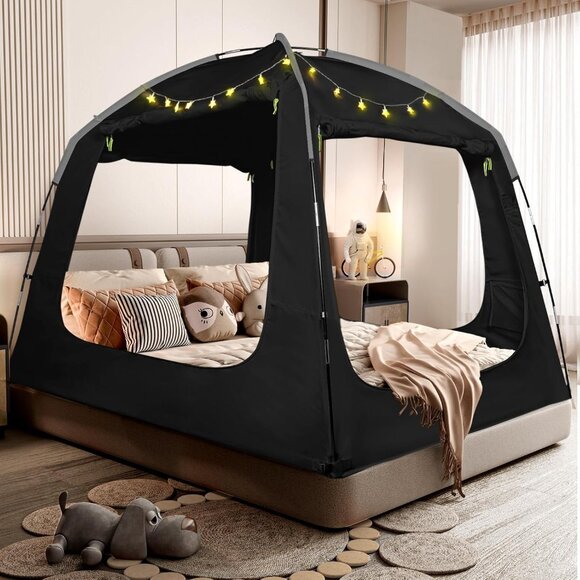 NIB. Bed Tent. 4 doors, Twin size, with light string. Black. - Picture 1 of 5